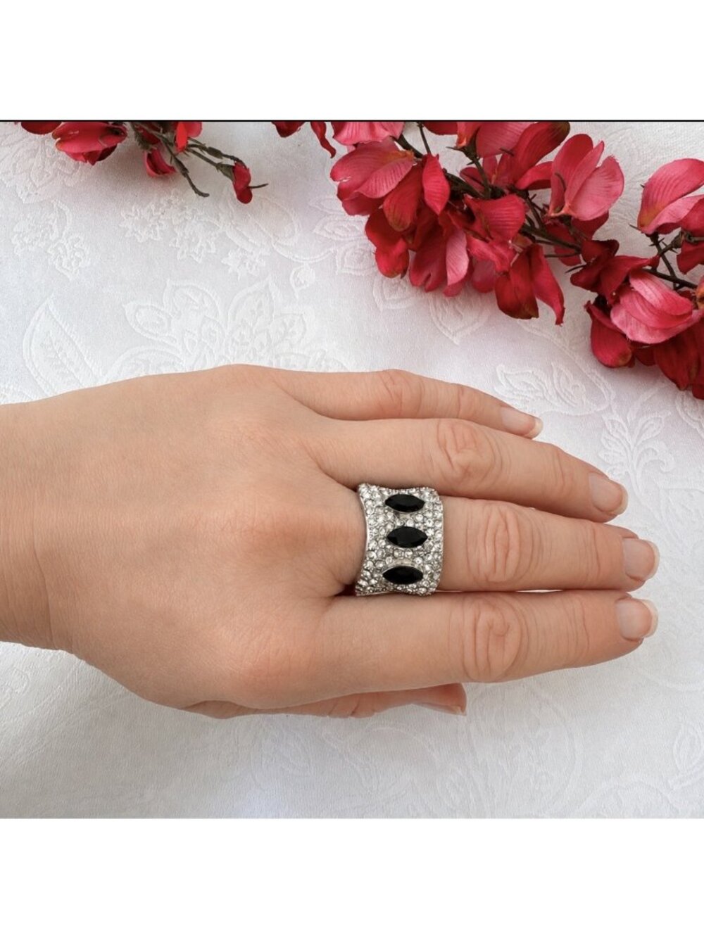Camille Lucie Black Silvertone Crystal Rhinestones Cocktail Ring 7 Art Deco NEW